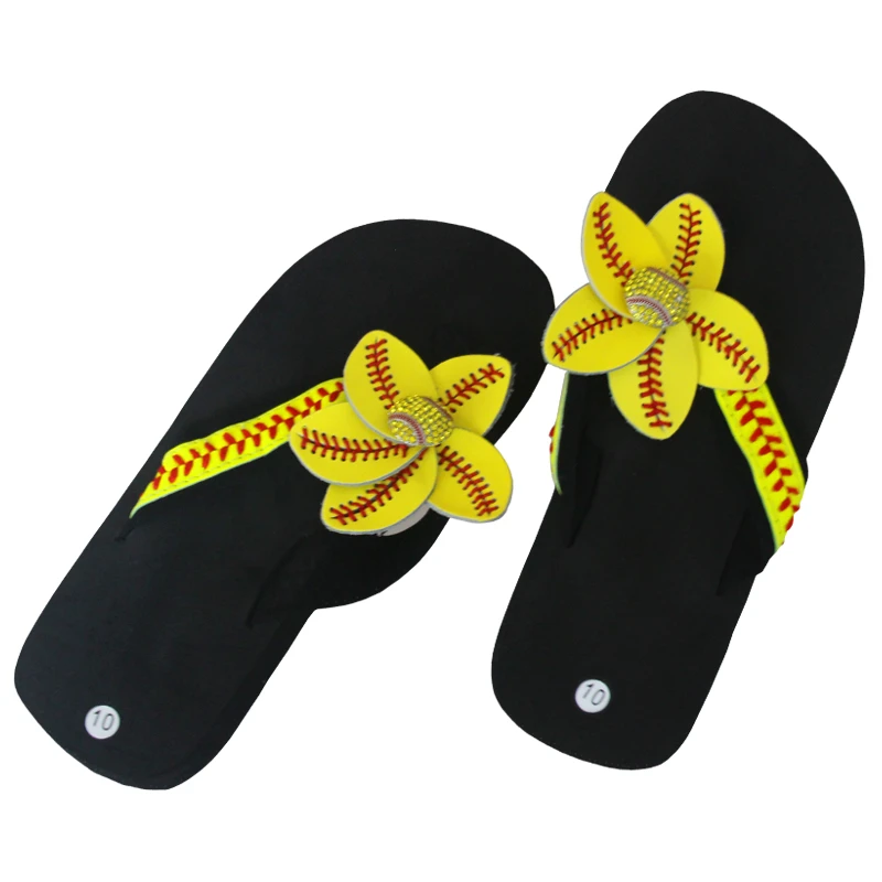 Yellow leather red line stitched baseball flip-flops with flowers and flat sandals for women