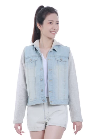 Hot Sale Women's Denim Jacket With Jersey Sleeve