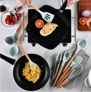 11pcs Bpa Free Silicone Cooking Kitchen Utensils Set,Wooden Handles Cooking Tool  Silicone Turner Tongs Spatula
