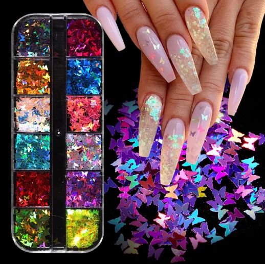 12 Grids/Set Colorful Holographic Iridescent Glitter 3D Butterfly Slice Nail Sequins Flakes Nail Art Decoration