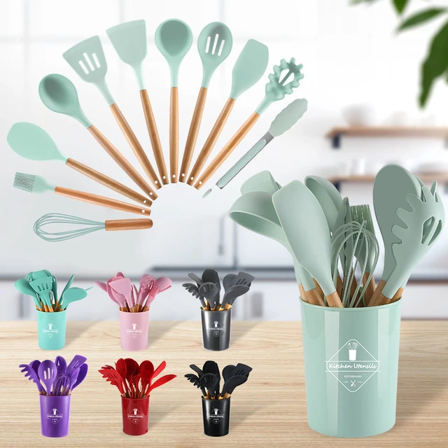 12 Pieces In 1 Set Silicone Kitchen Accessories Cooking Tools Kitchenware Cocina Silicone Kitchen Utensils With Wooden Handles