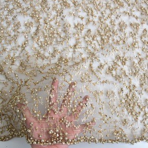 2017 Top end french gold sequins tulle lace fabric 3d lace fabric beads bridal wedding lace HY0617