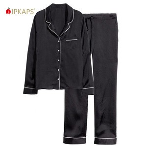 2019 Wholesale Quality Design Button Closure Piping Pajamas Factory Pyjamas Satin Two Piece Set Silk Women Pajamas