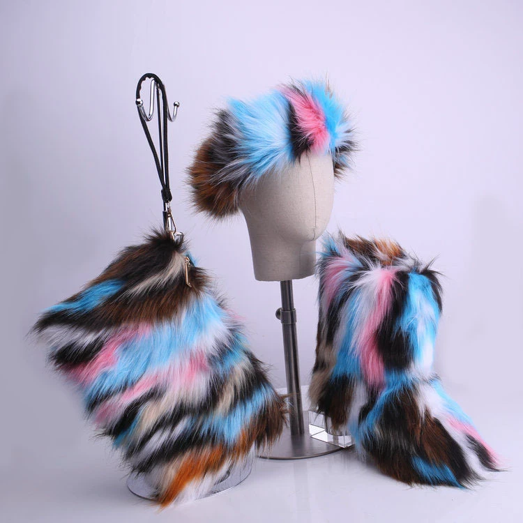 2021  Winter Furry rainbow shoes rainbow warm women set bag fur boots and matching headbands purse purses handbags handbag