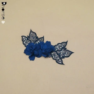 21*12cm machine embroidered handmade navy fabric china laser cut 3d flower embroidery patch for dress