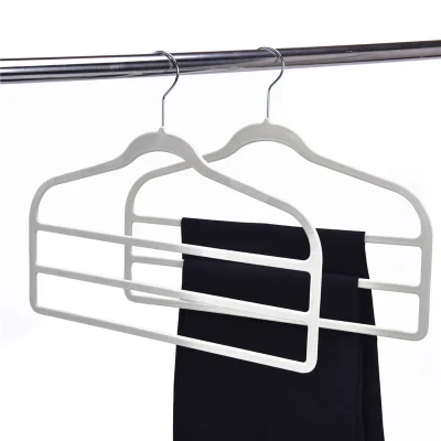 3 Layer Velvet Pants Hanger Plastic Flocked Clothes Hanger Space Saving Cheap Hanger Hot Sale