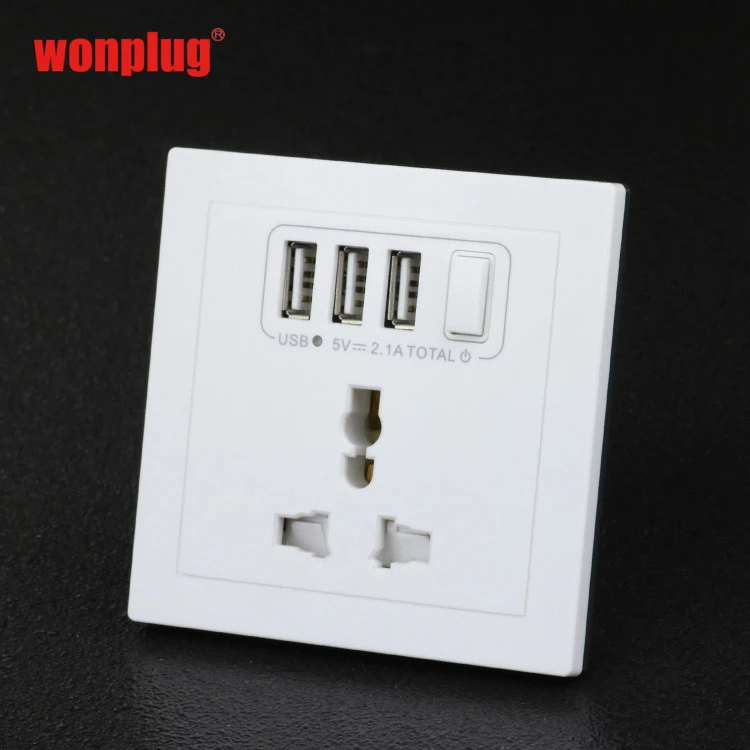 3-port USB Wall Socket Charger AC Power Receptacle Outlet Plate Switch White or OEM PC 5000 Times 5V/2.1A 86*86mm Wonplug 250VAC