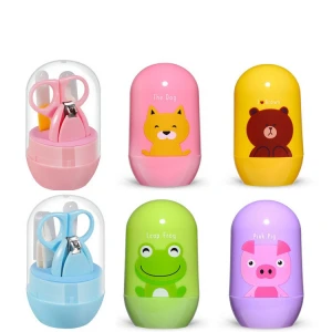 4-in-1 Baby Manicure Grooming Kit with Cute Cartoon Animal Case Infant Nail Clipper Scissors Nail File &amp; Tweezers for Travel