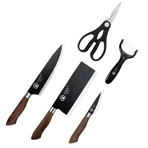 5 pcs Non Stick Kitchen Knife Set with Wooden Holder Stainless Steel Cooking Knife