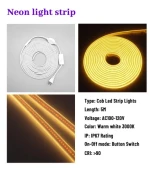 5M COB LED Strip Light AC220V 288LEDS/M 10W/M 3000K Can be Cut 50CM/Cut with Button Switch IP67 Waterproof Light for Atmosphere