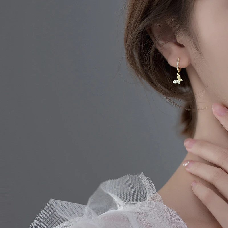925 Sterling Silver Charm Butterfly Pendant Ear Rings Earings Gold Color Plated Zircon Hoops Piercing Earrings for Women