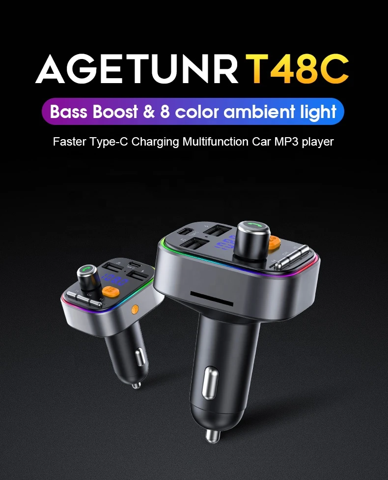 AGETUNR T48C 2021 New Arrival 2 USB+ype-C Car Charger FM Transmitter handsfree Kit Bluetooth Mp3 Player Bass Boost 8 Color modes