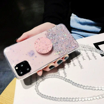 Amazon Hot Sale Glitter Powder Mobile Phone Case For iPhone 11 Pro max With Lanyard And Hands-free Stand