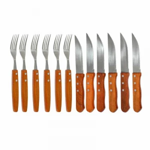 Amazon Hot Sales 12pcs kitchen stainless steel serrated blade steak knife and Fork set with Wooden Handle