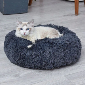 Amazon Hot Sell Anti-slip Soft Long Plush Round Cat Dog House Sleeping Bed Accessories Supplies Pet Sofa Donut Pet Cushion