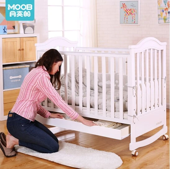 Baby Crib Bed,  Wooden Safe swing, with casters, Eco-friendly, Modern style, Size&Color customized