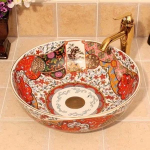 Beautiful European Retro Style Round Ceramic Countertop Bathroom Wash Basin For Hotel