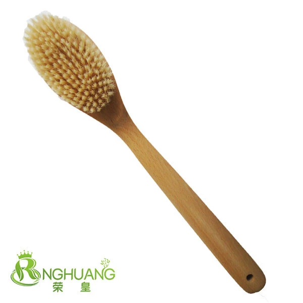 Beech wooden material long handle shower back soft bath brush and back wash body scrub massage brush