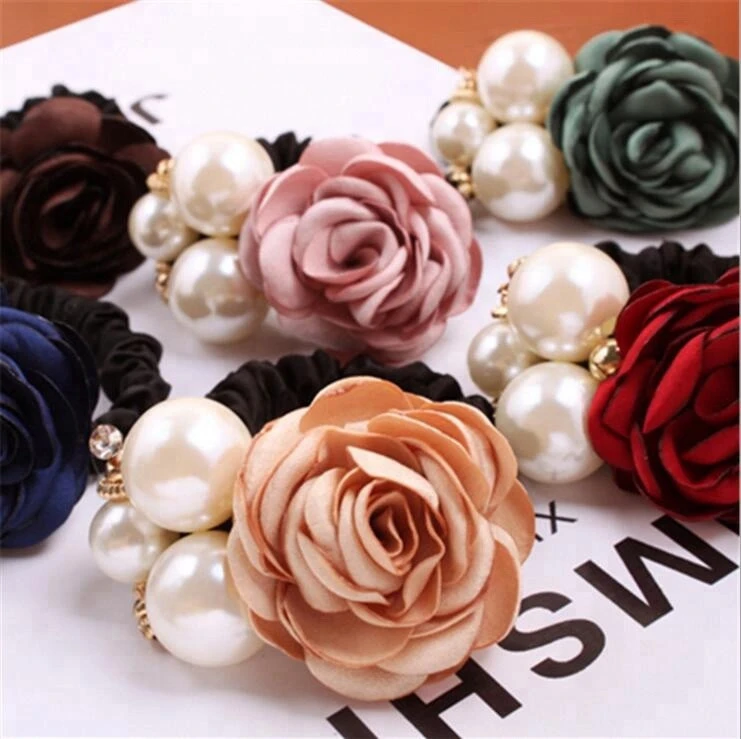 Best selling fashion ladies elastic hair band accessories rose flower pearl women hair bands for girls