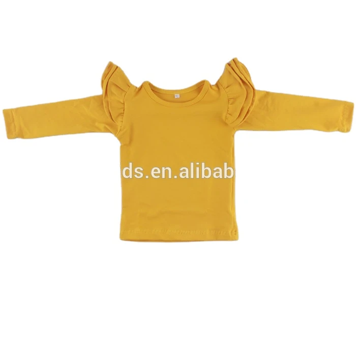 Black / Mustard Knitted Cotton Children Blank T Shirt Ruffle 3 Flutter Baby Girls Long Sleeve Tops Wholesale