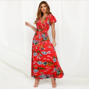 Bohemian printing dress for European and American women with a long v-neck tie