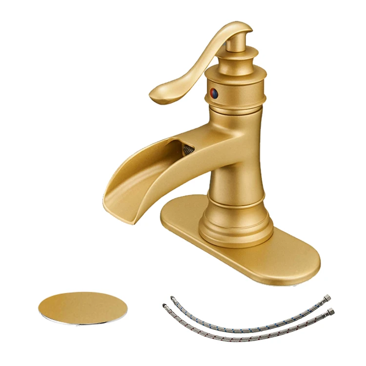 BWE Cupc Upc Brass Waterfall Single Handle Mixer Basin Vanity Faucet With Antique Wash Golden Gold Basin Faucet