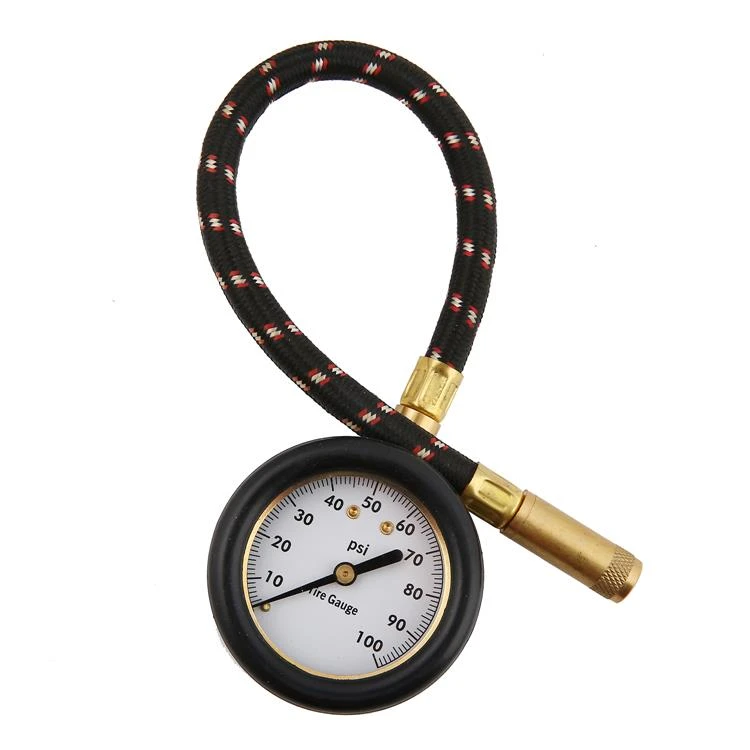 Car part dial tire air pressure gauge with a reinforced braided rubber hose