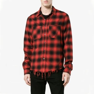 Casual mens full sleeve red plaid shirt custom distressed raw-edge checked cotton flannel fitness ripped shirts for man