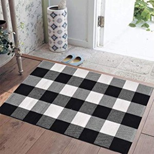 China Washable Cotton Buffalo Plaid Door Mat With Black And White Plaid