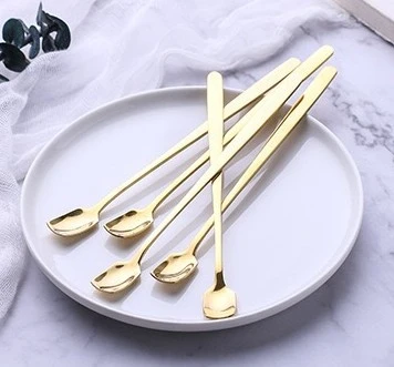 Creative stainless steel spoon long handle stirring spoon personalized golden milk tea spoon square head household seasoning spo