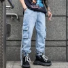 Custom logo Man Cargo Jean Hip Hop Multi-pocket Skinny Jeans Straight Leg Drawstring Stretch Denim Pant