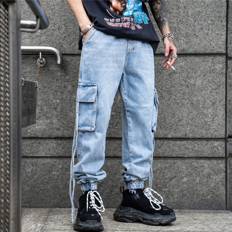 Custom logo Man Cargo Jean Hip Hop Multi-pocket Skinny Jeans Straight Leg Drawstring Stretch Denim Pant