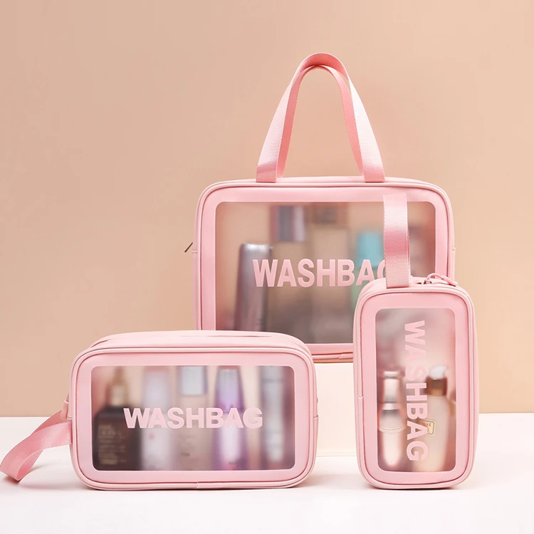 Custom Logo Pink Waterproof Cosmetic Bag Large TPU Zip Pouch Kit Transparent Vanity Beauty PVC Clear Travel Makeup Wash Bags Set