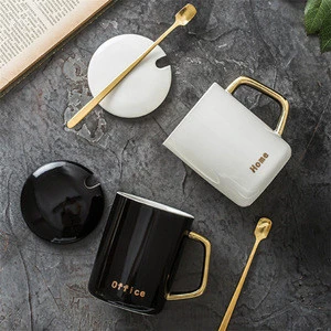 Custom Personalized Classic Black White Ceramic Mug Gold-plated Cup Reusable Coffee Mug with Lid Spoon