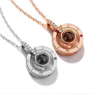 DIY Rose Gold&Silver 100 languages I love you Projection Pendant Necklace Romantic Love Memory Wedding Necklace