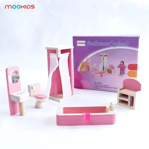Early Educational Kit for Children House Props Bathroom  Doll House  Small Wooden Furniture Toys with Color Box Packing