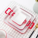 Factory custom microwave safe stoneware bread cake spaghetti bakery dish ceramic square rectangular baking tray set with handles