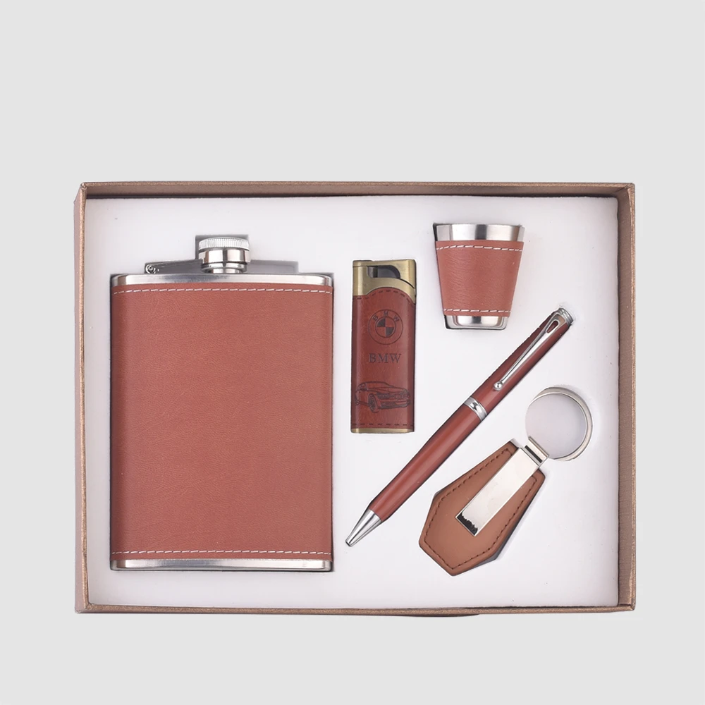 Factory Direct custom eco 8 oz stainless steel luxury notebook alcohol leather hip flask set with bones