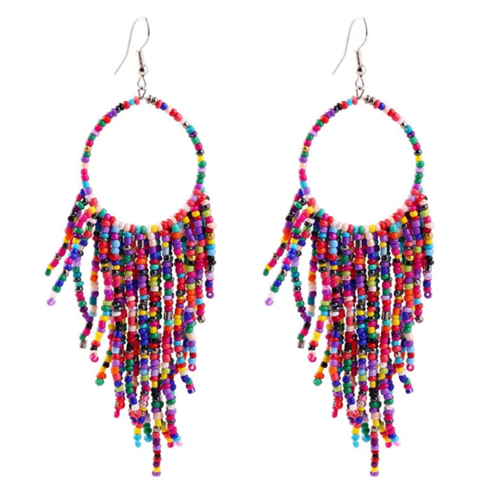 Fashion Bohemian Boho Tribal Hoop Trump Earring Dangle Fringe Tassel Seed Rice Bead Hoop Earrings Women