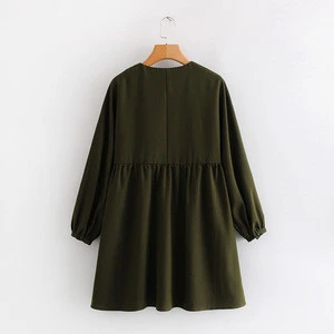 Fashion long sleeve v neck button up green color women spring casual shirt dress