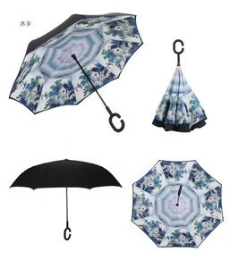 Folding reverse umbrella double layer windproof rainproof umbrella portable ladies C handle inverted anti UV umbrella