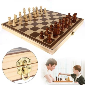 Folding Wooden Chess Set Standard Chess Set Board Game Checkers Backgammon Toy Gift