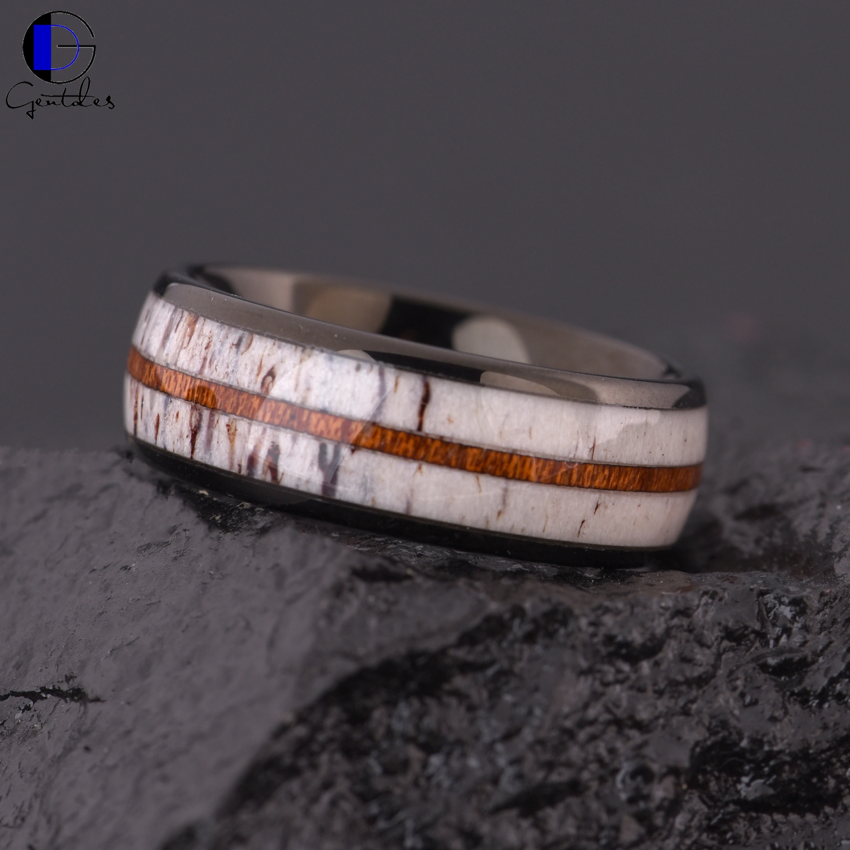 Gendtes ceramic ring inlaid wood and antler mens wedding bands Black Ring