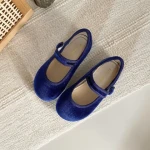 Girls Comfort Velvet Mary Jane Flats for Spring Summer Anti-Slip Lightweight Slip-On Closure Embroidered Logo Solid Pattern