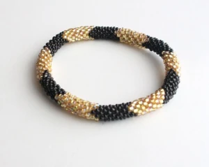 Gold and Black Thick Stripe Adjustable Czech Glass Beads Bracelet