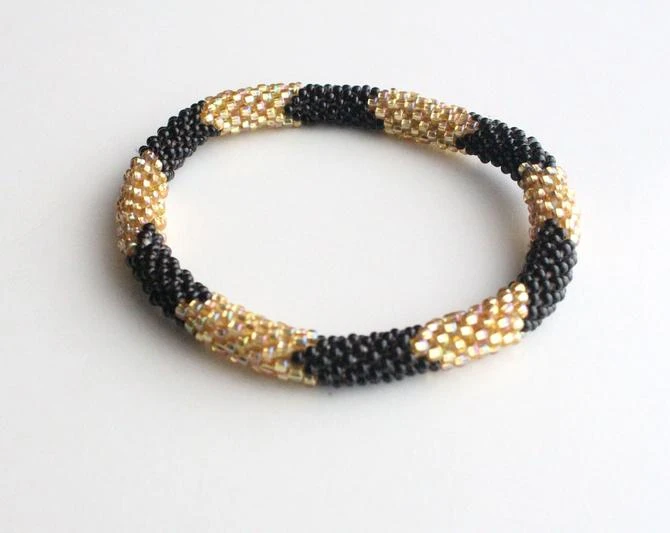 Gold and Black Thick Stripe Adjustable Czech Glass Beads Bracelet