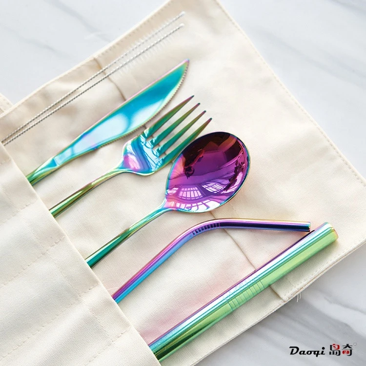 Good quality exclusive portable travel colored cutlery set outdoor camping rainbow Korea spoon fork knife straw set with canvas