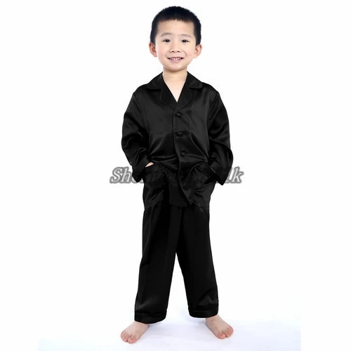 High quality 100% Pure Silk  Pajamas sets  Little Girls Boys Classic Silk night Sleepwear  Long Sleeve Kid Black pyjamas