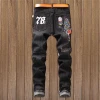 In Stock New American Style black color men skinny tiger embroidered jeans