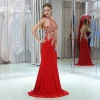 Indian Halter Neck Beading Lace Sleeveless Red Chiffon Sequins Prom Dresses Cheap